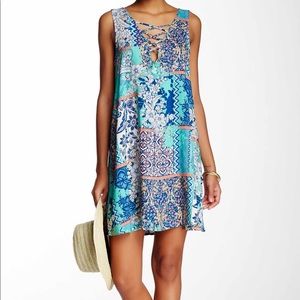 Love, Zoe teal patterned shift dress